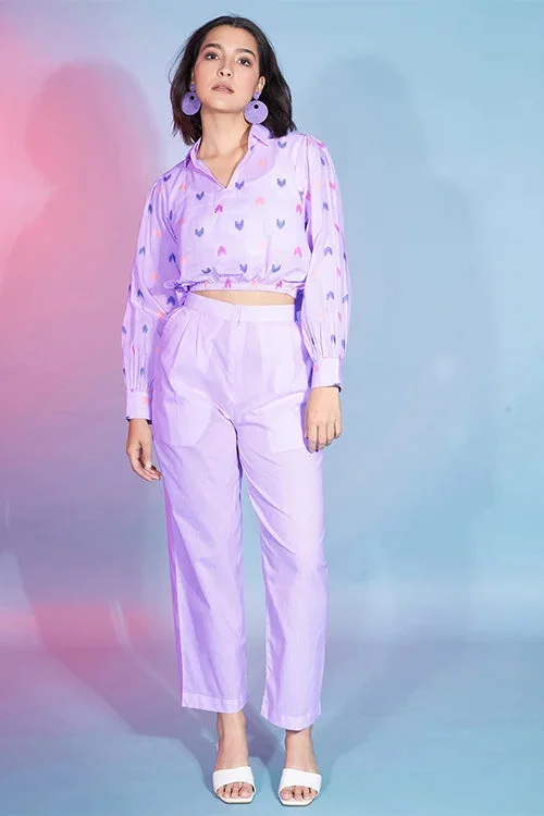 Beautiful Lavender Cotton Fabric Self Design Work Ready To Wear Co-Ord Collection