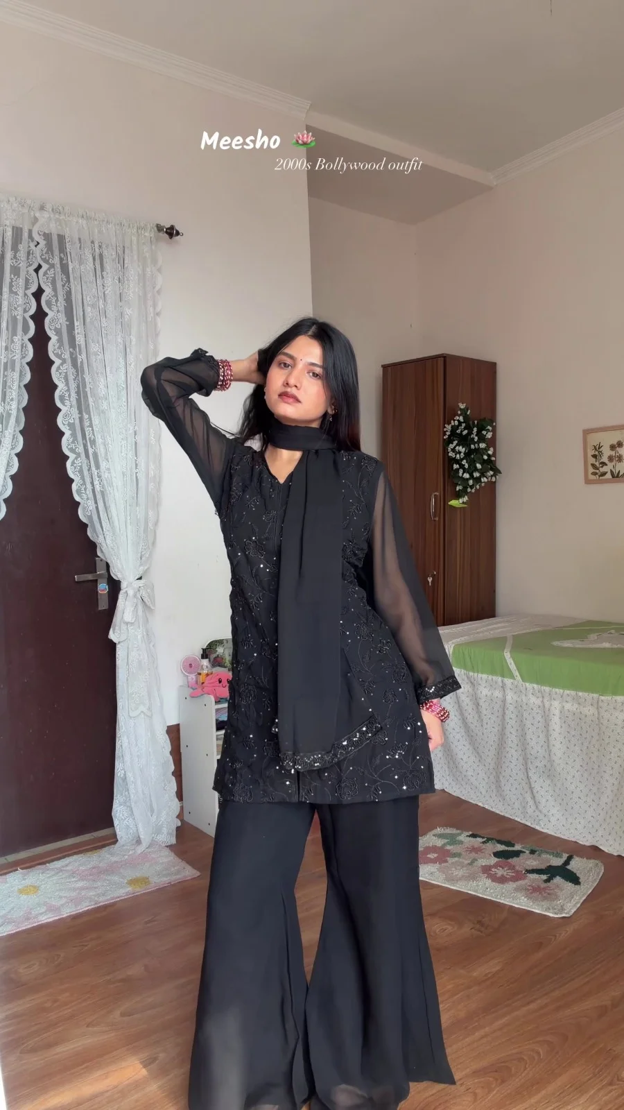Women’s Black Sharara Suit Set with Sheer Sleeves – 2000s Bollywood Style Ethnic Outfit