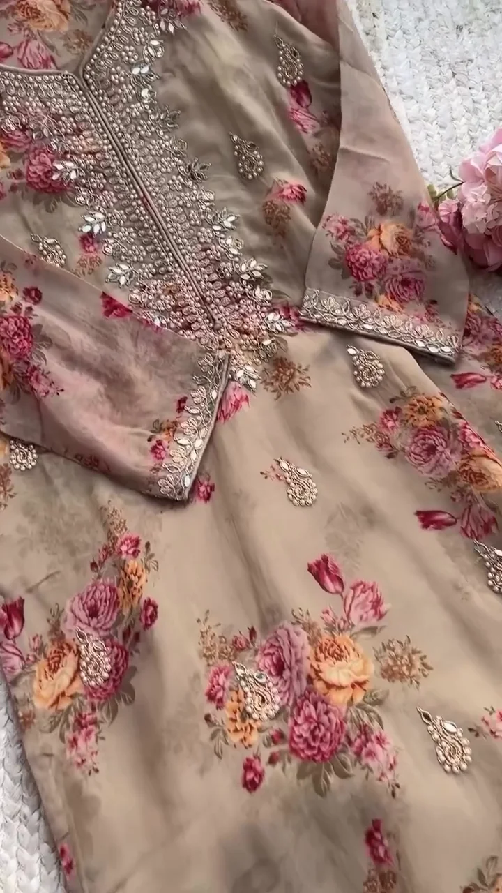 brown colour Premium Kundan Organza Embroidered Suit Set for women