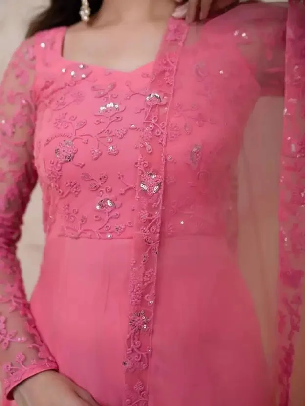 Embroidered Georgette Stitched Anarkali Gown (Pink) - Image 3