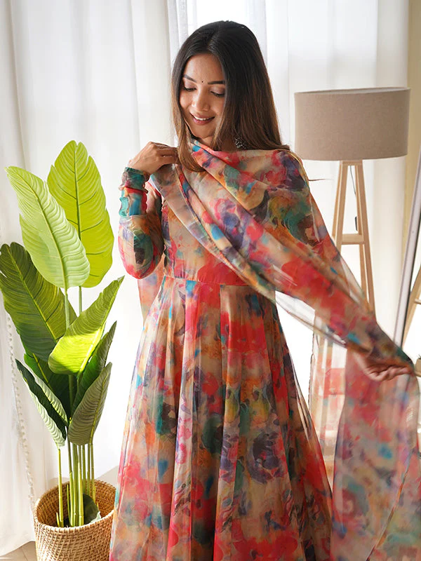 Orange Stains Organza Printed Anarkali Gown With Pant & Dupatta Set - Image 4