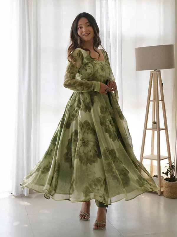 Mehandi Organza Printed Anarkali Gown With Pant & Dupatta Set - Image 2