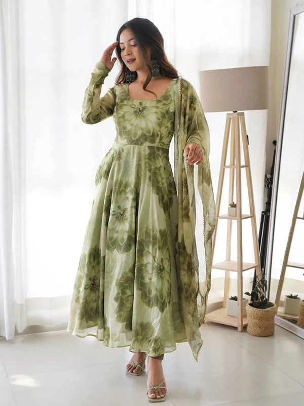 Mehandi Organza Printed Anarkali Gown With Pant & Dupatta Set - Image 4