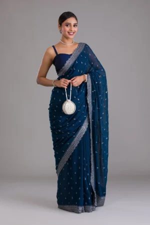 Peacock Blue Stonework Georgette Designer Saree