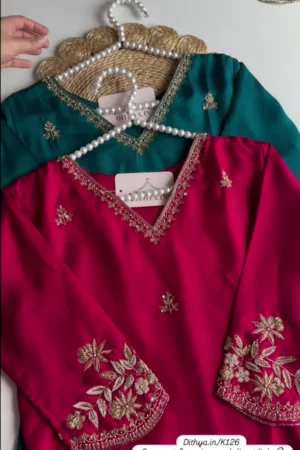 Floral Yoke Design Beads Work Pure Silk Kurta With Pyjama & Dupatta Red