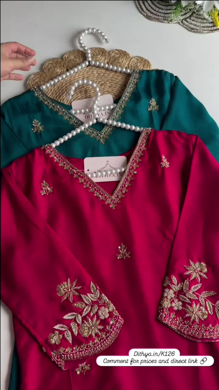 Floral Yoke Design Beads Work Pure Silk Kurta With Pyjama & Dupatta Red