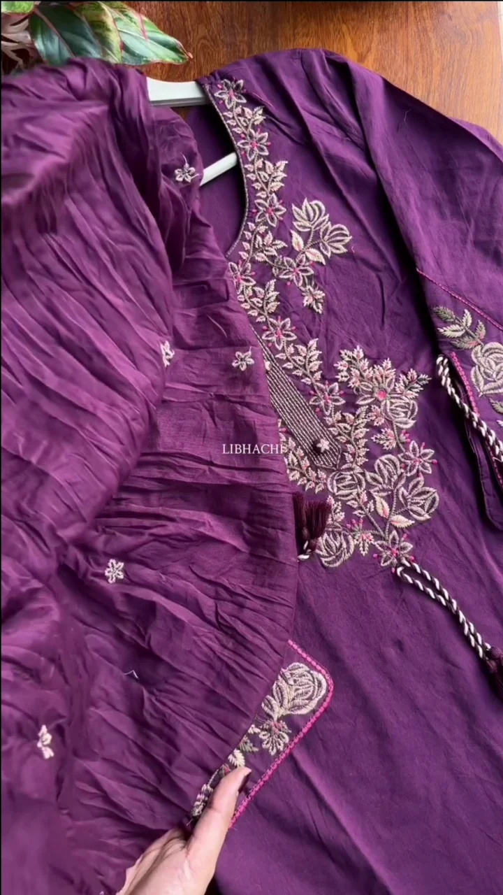 Burgundy Embellished Cotton Blend Straight Suit Set With Dupatta - Image 5