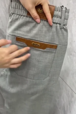 Men’s Grey Formal Stretch Trousers with Leather Accent Pockets ✨