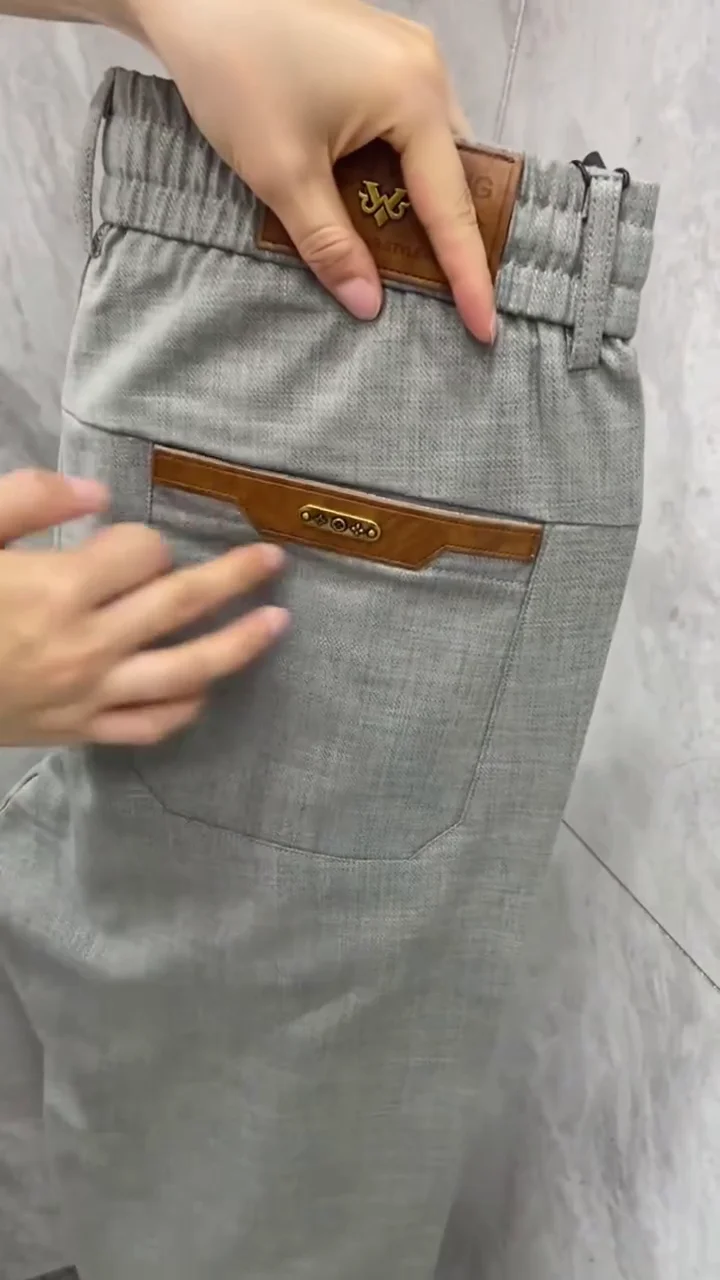 Men’s Grey Formal Stretch Trousers with Leather Accent Pockets ✨