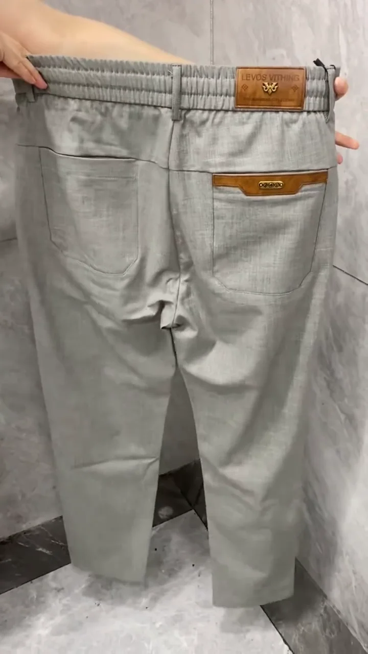 Men’s Grey Formal Stretch Trousers with Leather Accent Pockets ✨ - Image 3