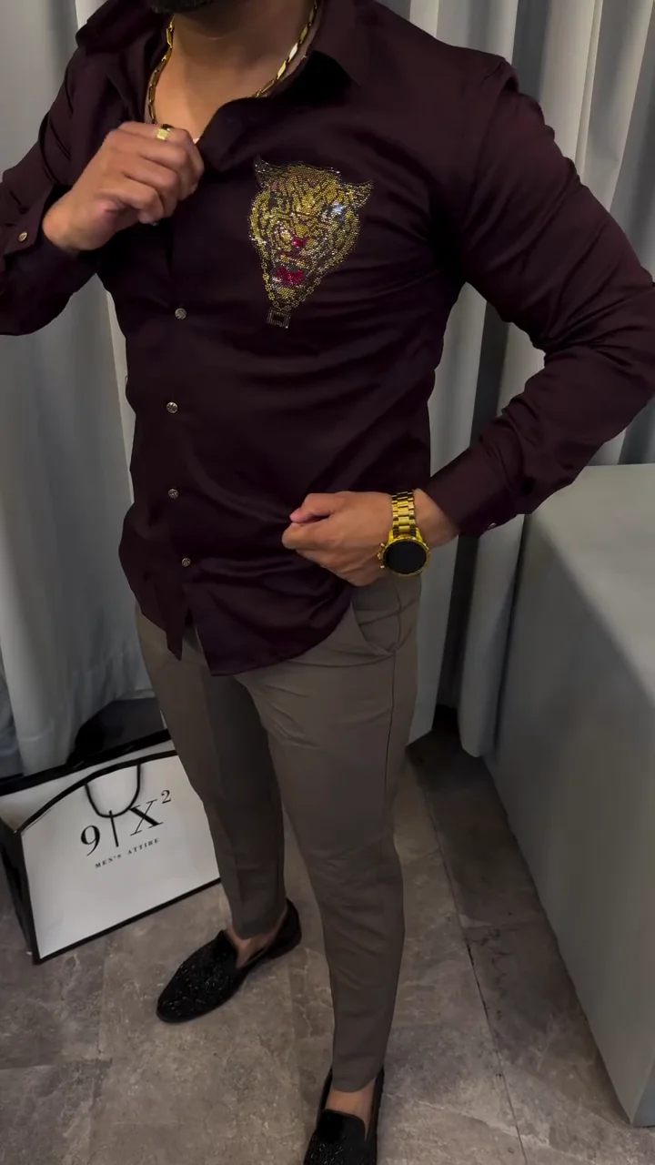 India Slim Slim Fit Spread Collar Embellished Cotton Party Shirt ✨