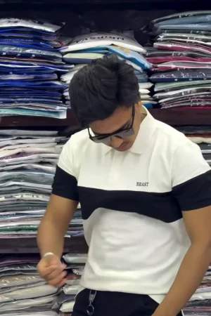 Men’s Cotton Color Block Polo Neck Half Sleeve WhiteBlack Color T-Shirt S Size ✨